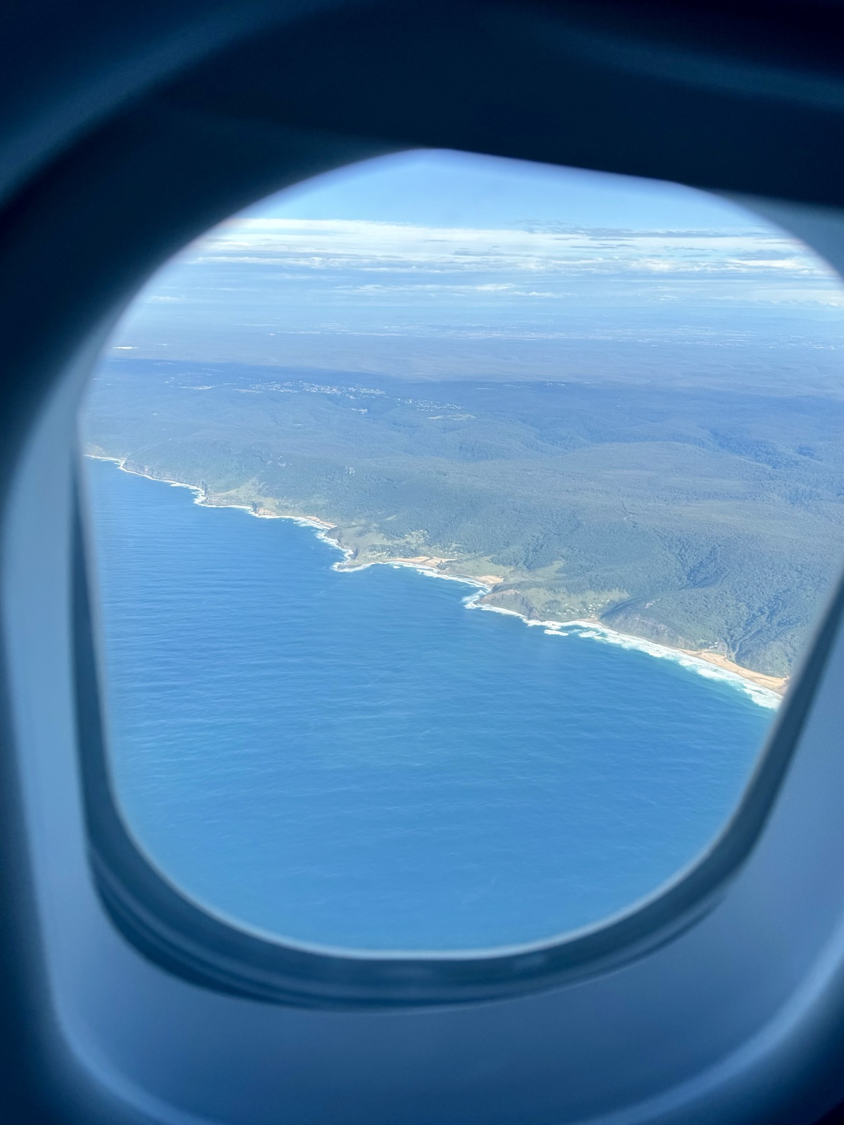 A forested coastline meeting the sea, seen through an airplane window