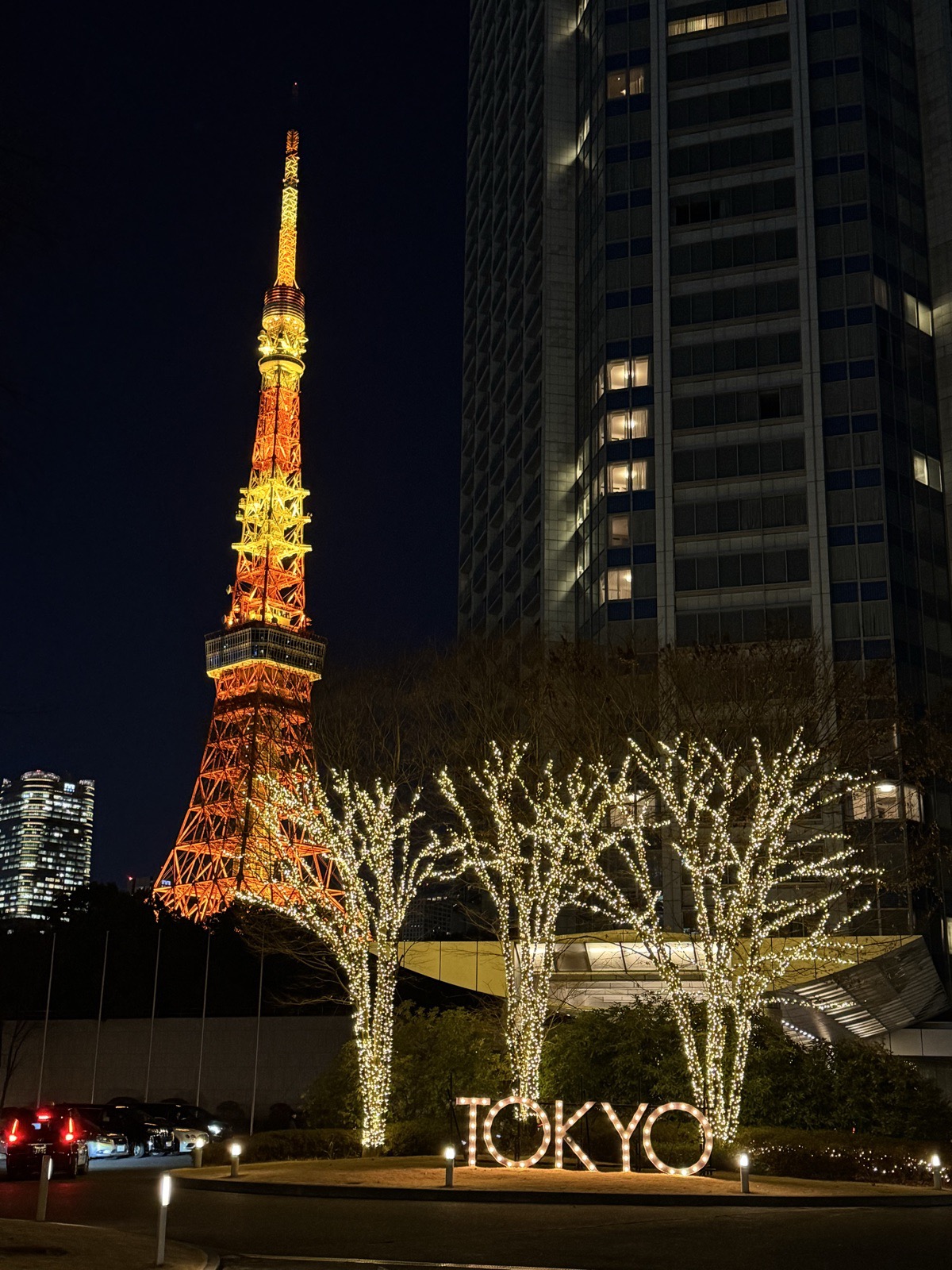 Tokyo Tower lit orange at night, with illuminated trees and a TOKYO sign