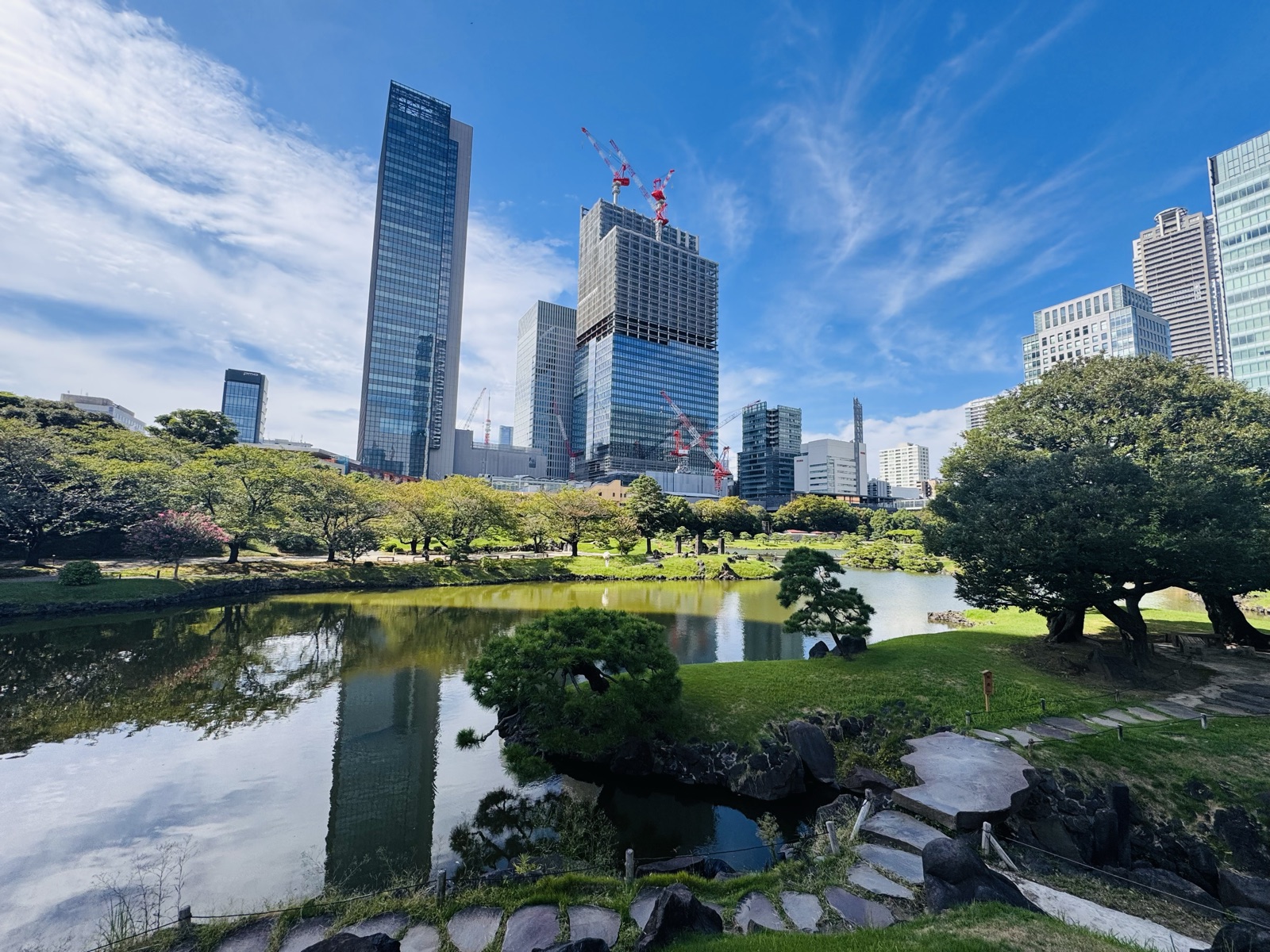 A traditional Japanese garden pond with skyscrapers rising behind it