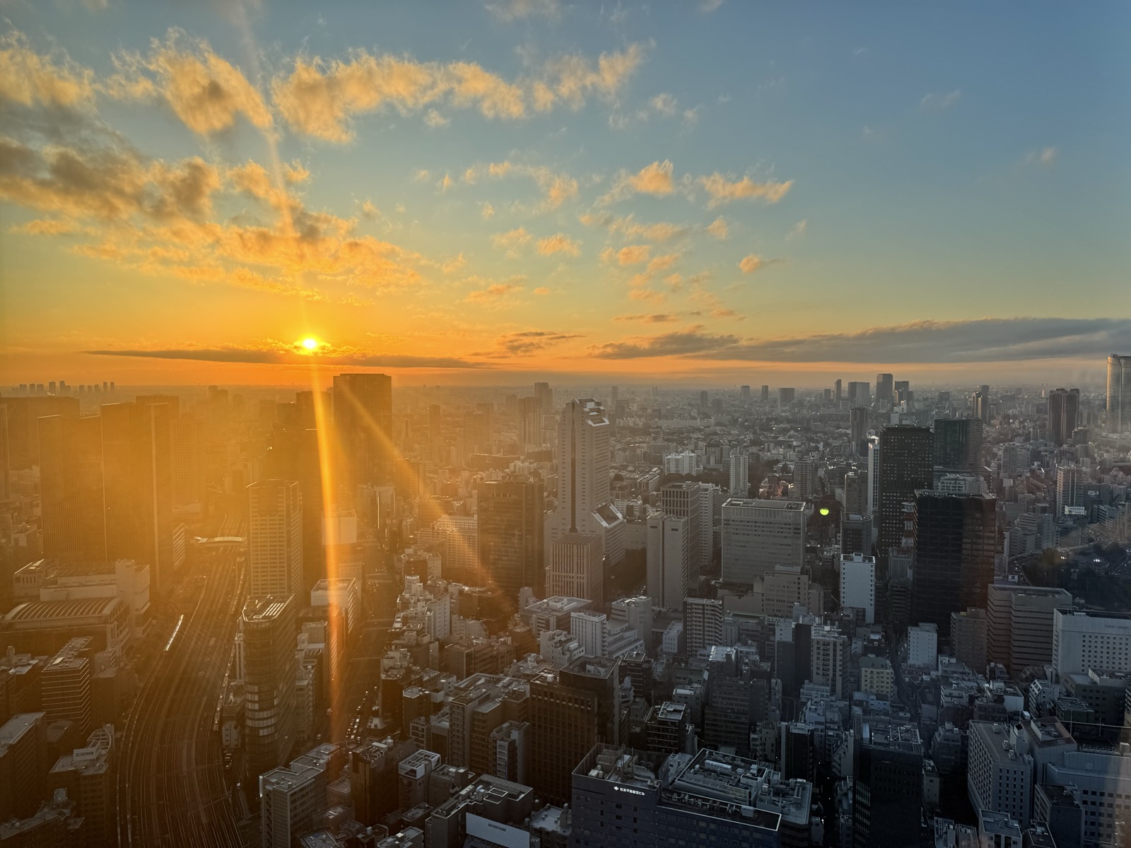 Tokyo's skyline at sunset seen from high up, the sun low over the buildings
